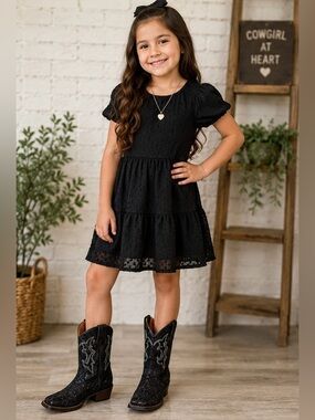 Tanner Mark Girls Black Glitter Lace Leather Cowboy Boots Youth Size 2 Like New